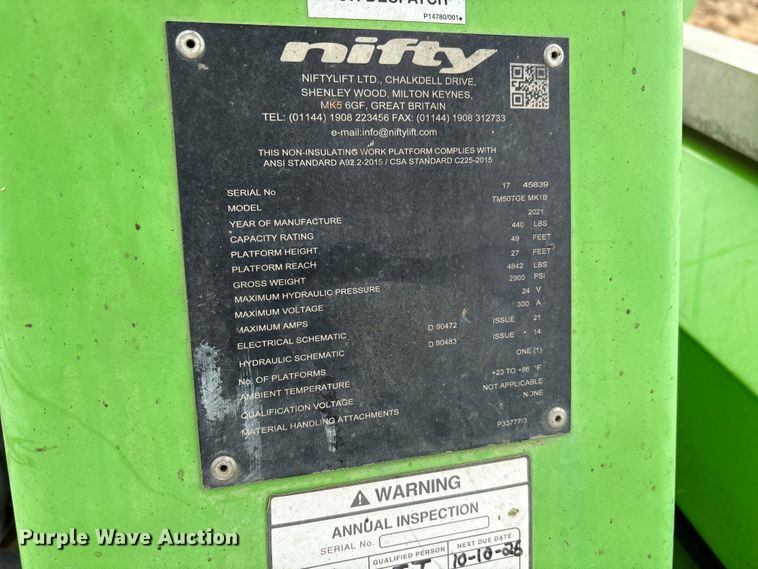 image for item DU6540 2021 Nifty TM50TGE MK1B boom lift