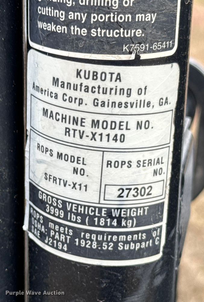 image for item DU6546 2018 Kubota RTV X1140 utility vehicle