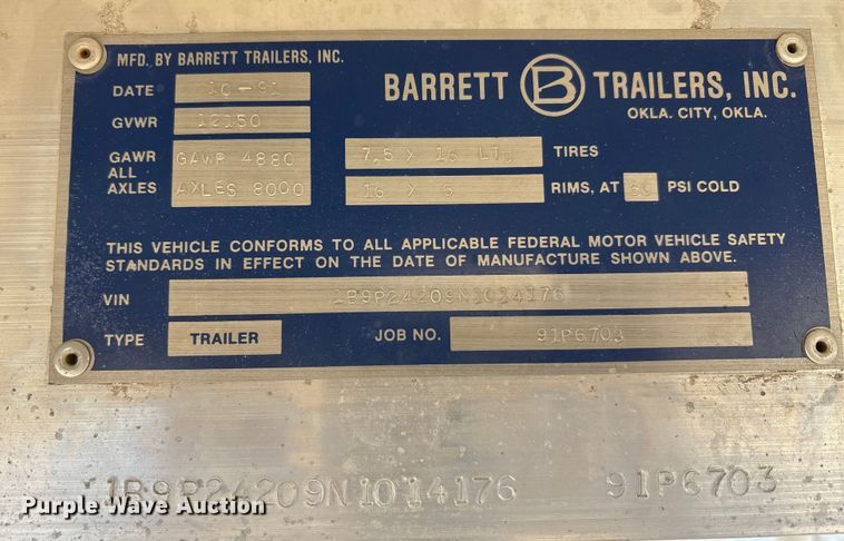 image for item EA7794 1992 Barrett livestock trailer