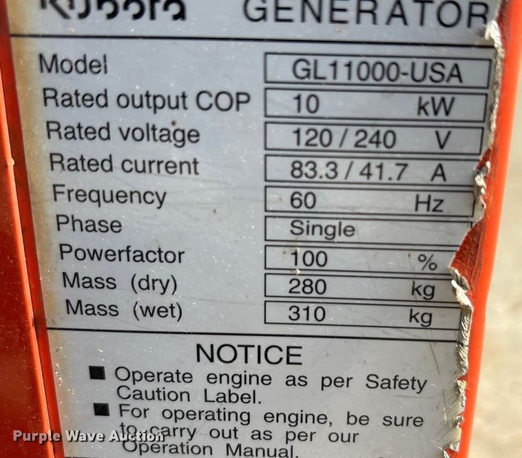 image for item EA7796 Kubota GL11000 generator