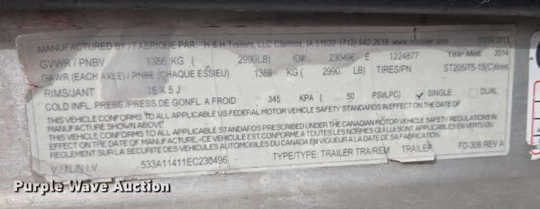 image for item DT4511 2014 H&H utility trailer