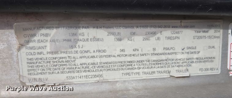 image for item DT4511 2014 H&H utility trailer