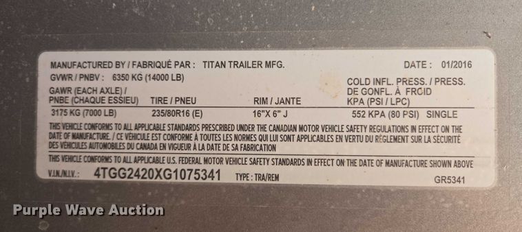 image for item DT4542 2016 Titan Trailer Mfg livestock trailer