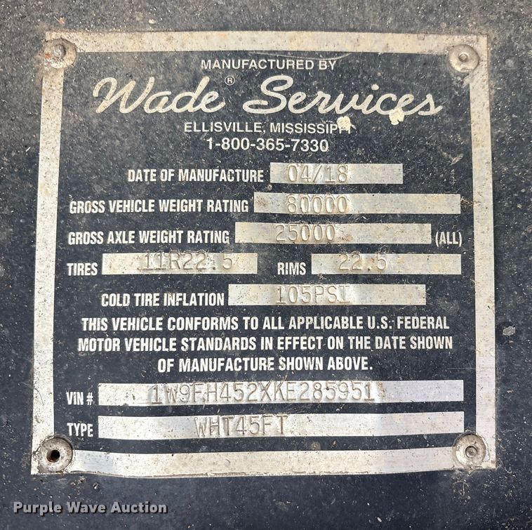 image for item DT4592 2019 Wade Services WHT45FT side curtain trailer