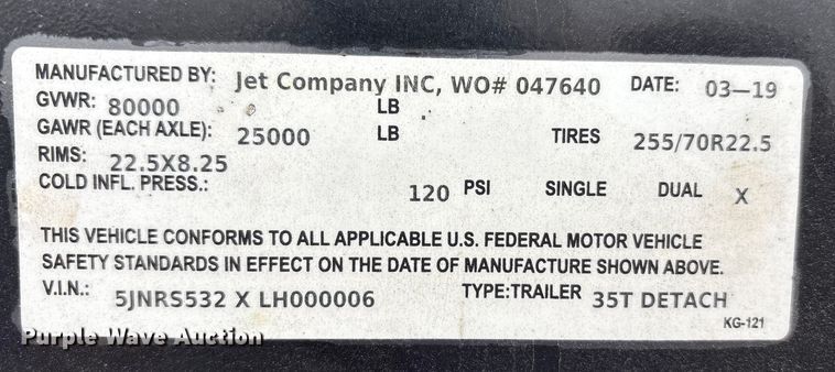 image for item DT4681 2020 Jet Company Inc. lowboy equipment trailer