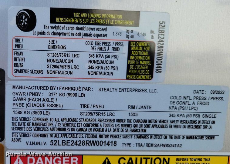 image for item EA2727 2024 Stealth Enterprises enclosed cargo trailer