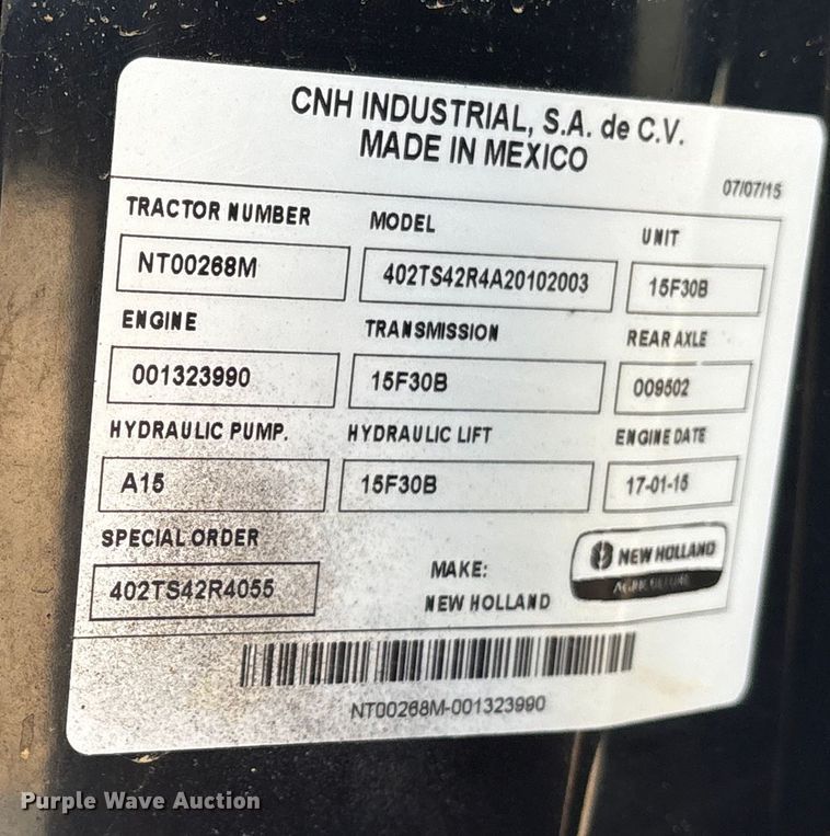 image for item ET7353 2015 New Holland TS6.120 MFWD tractor