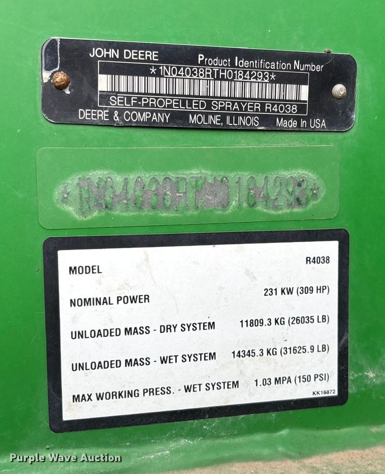 image for item EU6360 2017 John Deere R4038 sprayer