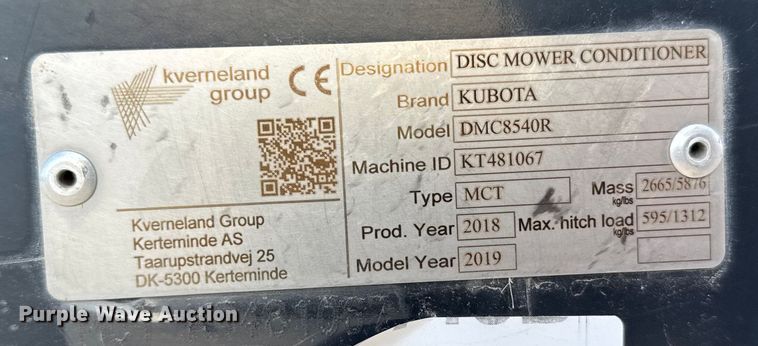 image for item EU6470 2019 Kubota DMC8540R swather / windrower