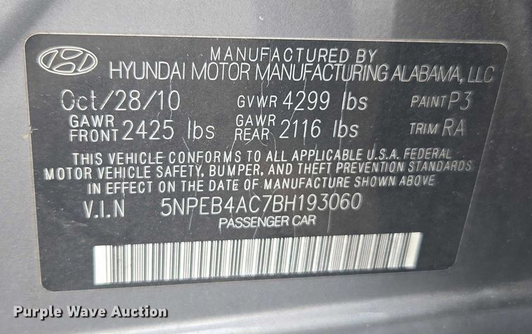 image for item DU2518 2011 Hyundai Sonata 