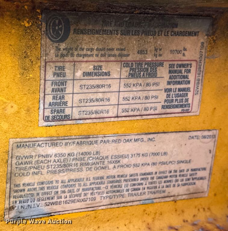 image for item DW6726 2014 Red Oak Mfg. Inc. utility trailer