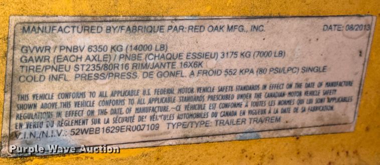 image for item DW6726 2014 Red Oak Mfg. Inc. utility trailer