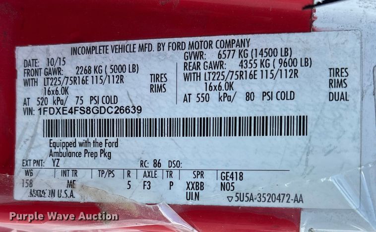 image for item DW7317 2016 Ford E450 van cab and chassis