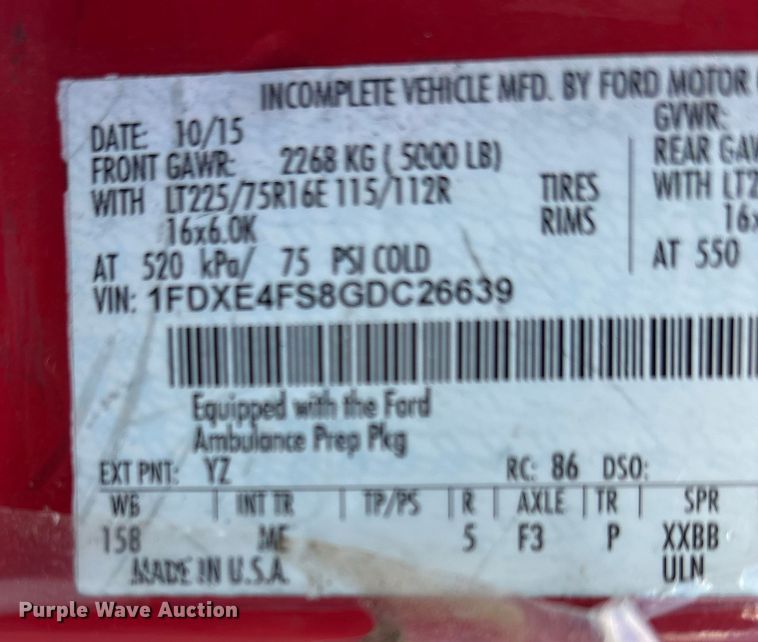 image for item DW7317 2016 Ford E450 van cab and chassis