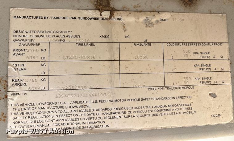 image for item EA7801 2001 Sundowner Trailer livestock trailer