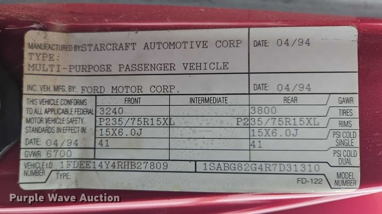 image for item EB1197 1994 Ford Starcraft E150 van