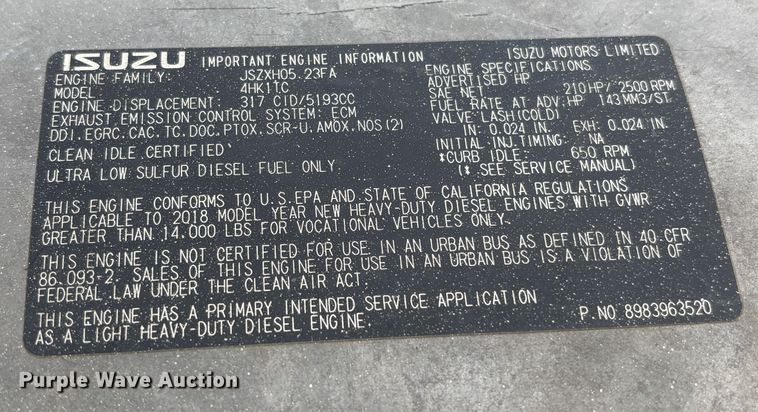 image for item EC8144 2019 Isuzu NRR box truck