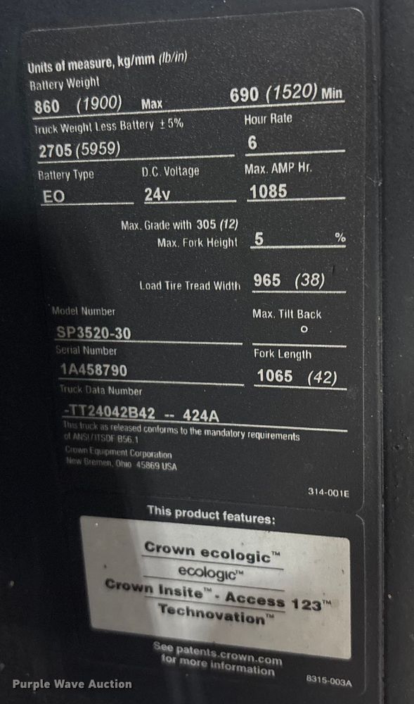 image for item EC8151 2016 Crown SP3520-30 order picker