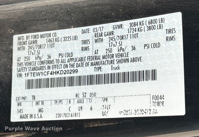 image for item EE3382 2017 Ford F150 SuperCrew pickup truck