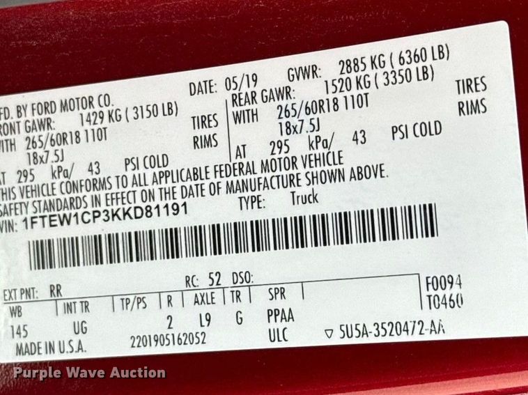 image for item EE3384 2019 Ford F150 SuperCrew pickup truck