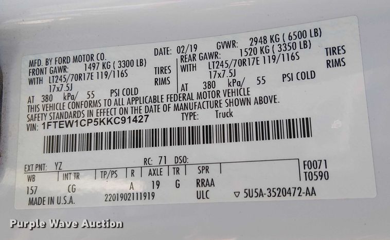 image for item EE4992 2019 Ford F150 SuperCrew pickup truck