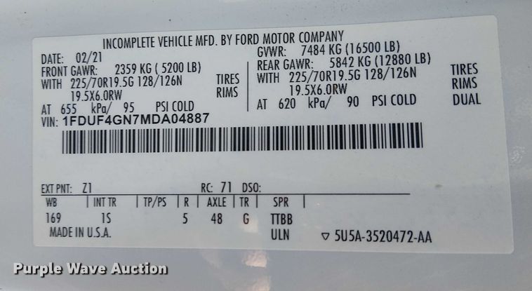 image for item EE4998 2021 Ford F450 Super Duty truck cab and chassis