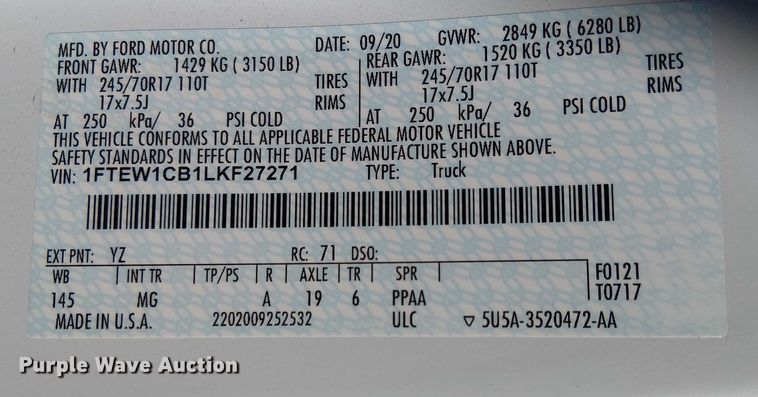 image for item EE5010 2020 Ford F150 SuperCrew pickup truck