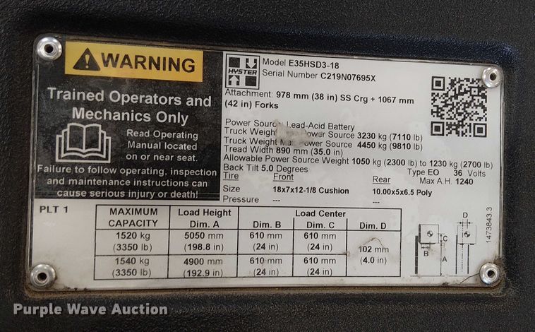 image for item EE5031 2023 Hyster E35HSD3-18 forklift