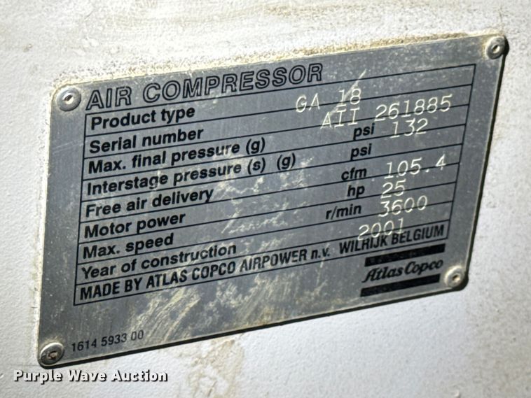 image for item EH7484 2001 Atlas-Copco GA18 air compressor