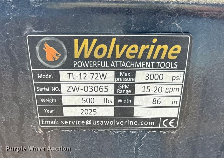 image for item EN0049 2025 Wolverine TL-12-72W skid steer tiller