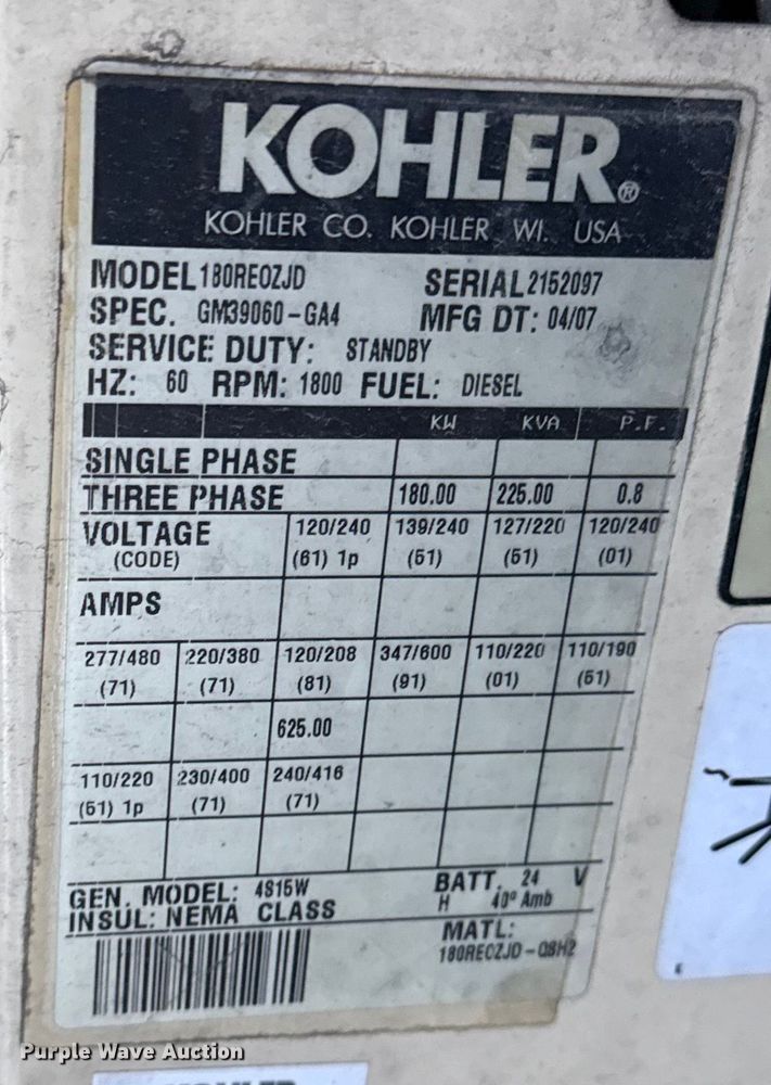image for item EN0114 Kohler 180 generator