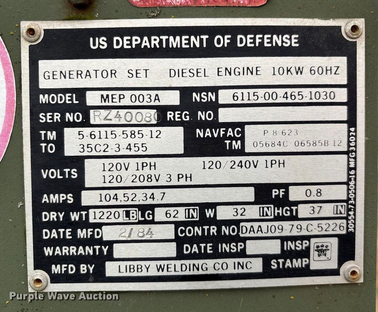 image for item EN5835 Libby Welding Inc. MEP 003A generator