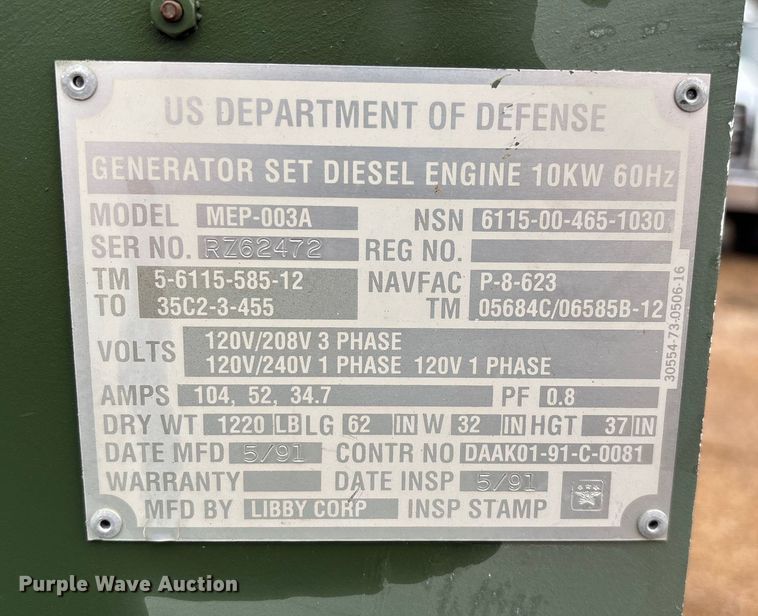 image for item EN5836 Libby Corp MEP-003A generator