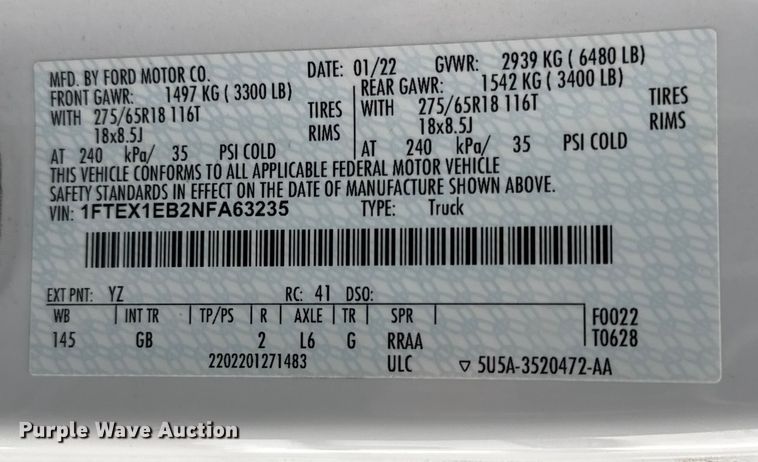 image for item ER0344 2022 Ford F150 SuperCab pickup truck