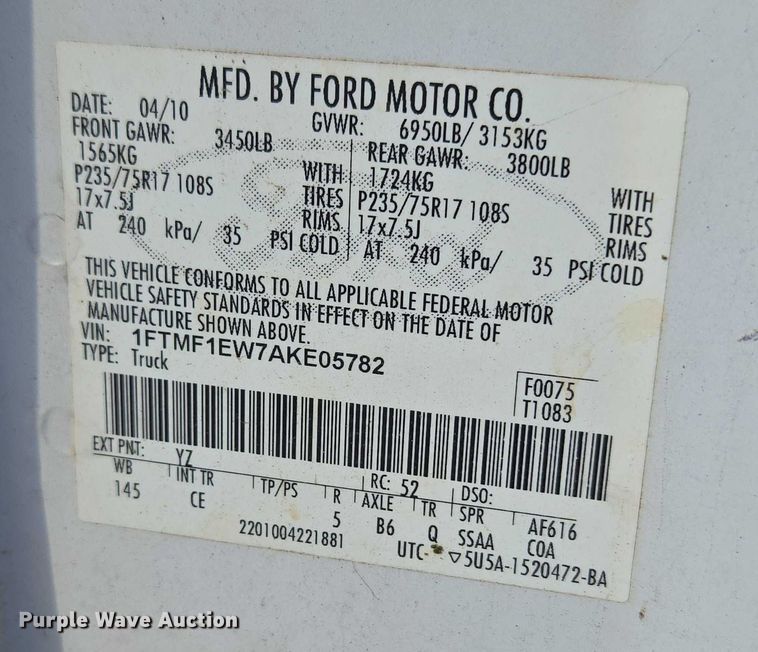 image for item ET5287 2010 Ford F150 pickup truck