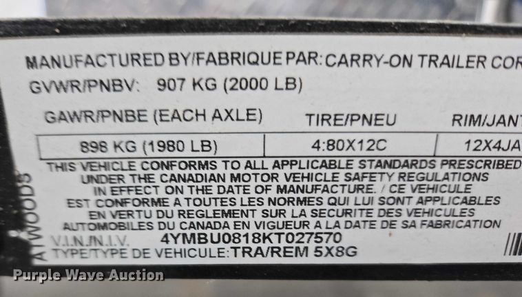 image for item ET5334 2019 Carry-On Trailer Corp. 5X8G utility trailer