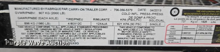 image for item ET5334 2019 Carry-On Trailer Corp. 5X8G utility trailer