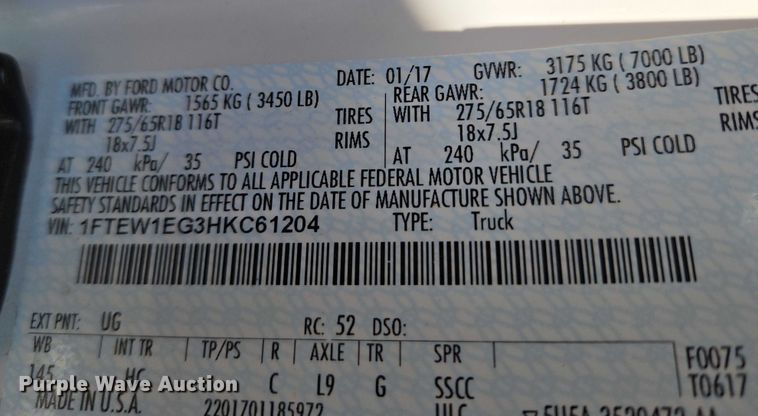 image for item ET5349 2017 Ford F150 SuperCrew pickup truck