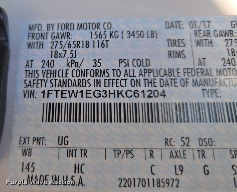 image for item ET5349 2017 Ford F150 SuperCrew pickup truck