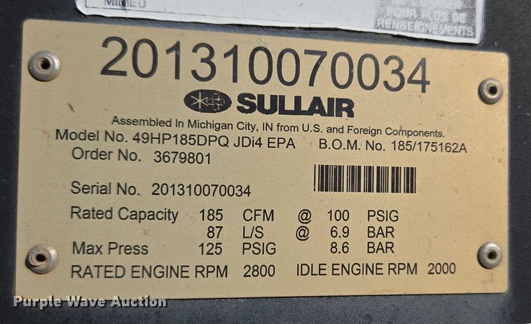 image for item ET5394 Sullair 49HP185DPQJDi4 EPA air compressor