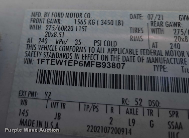 image for item ET5420 2021 Ford F150 SuperCrew pickup truck