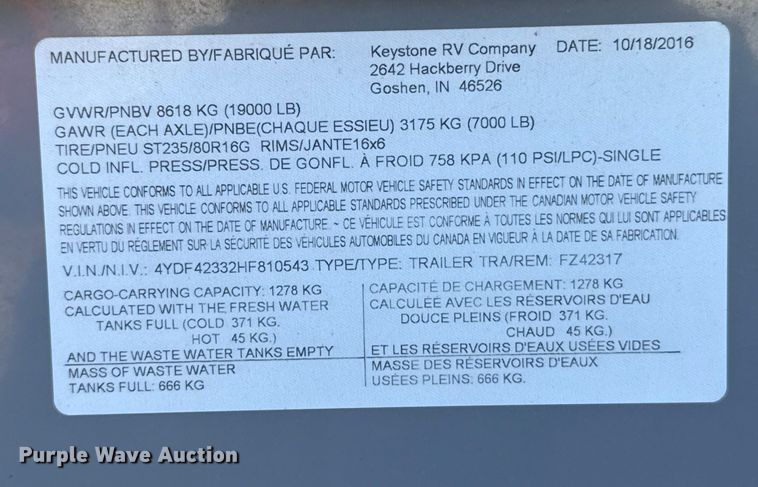 image for item EU5360 2017 Keystone FZ42317 toy hauler camper