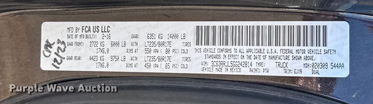 image for item EU5399 2016 RAM 3500 Crew Cab flatbed pickup truck