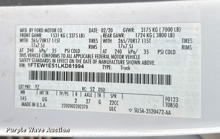 image for item EU5446 2020 Ford F150 SuperCrew pickup truck