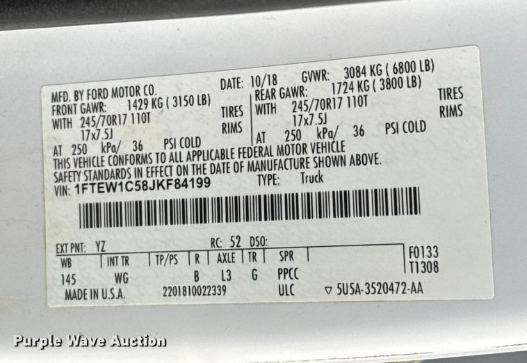 image for item EU5447 2018 Ford F150 SuperCrew pickup truck