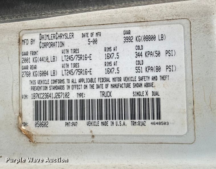 image for item EU5481 2001 Dodge Ram 2500 Quad Cab pickup truck