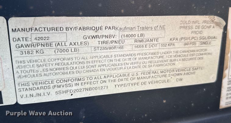 image for item EU6443 2022 Kaufman DW utility trailer