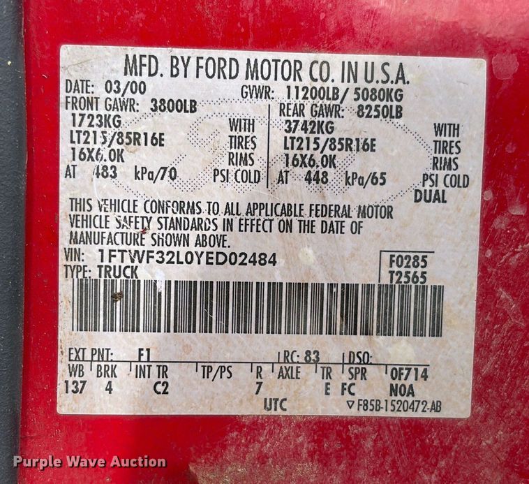 image for item EV3329 2000 Ford F350 XL Super Duty flatbed pickup truck