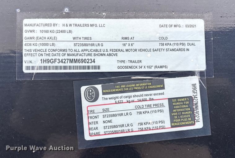 image for item FG1548 2021 H & W trailers equipment trailer