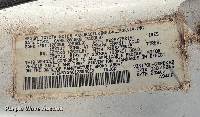 image for item FI0068 2001 Toyota Tacoma pickup truck